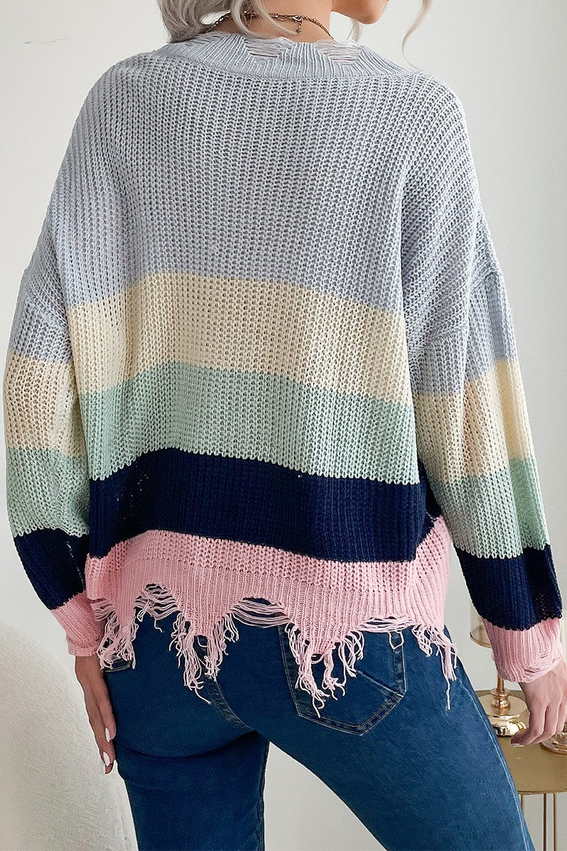 Pastel Colorblock Frayed Knit Sweater