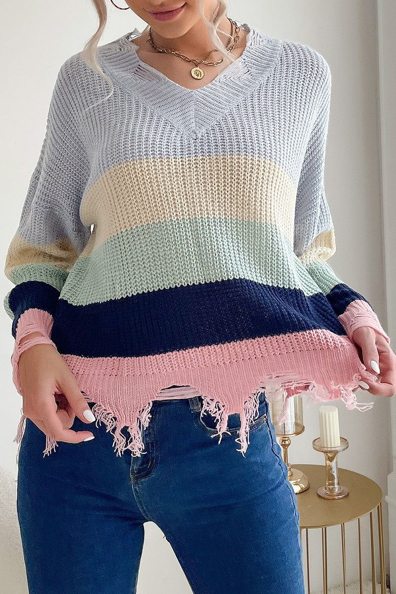 Pastel Colorblock Frayed Knit Sweater