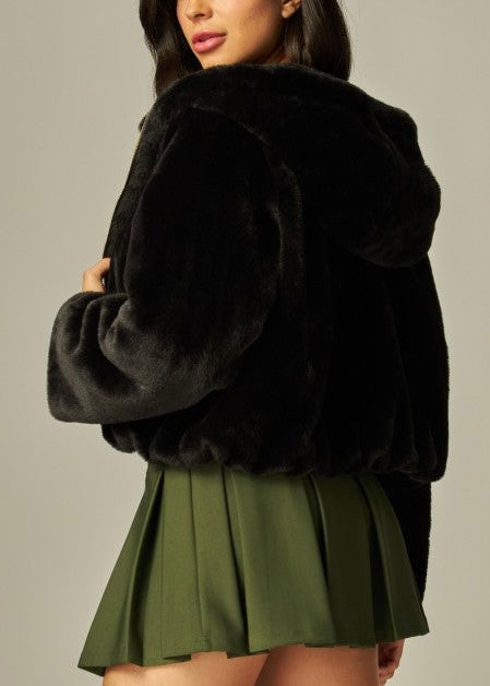 Emery Faux Fur Hooded Jacket- Black