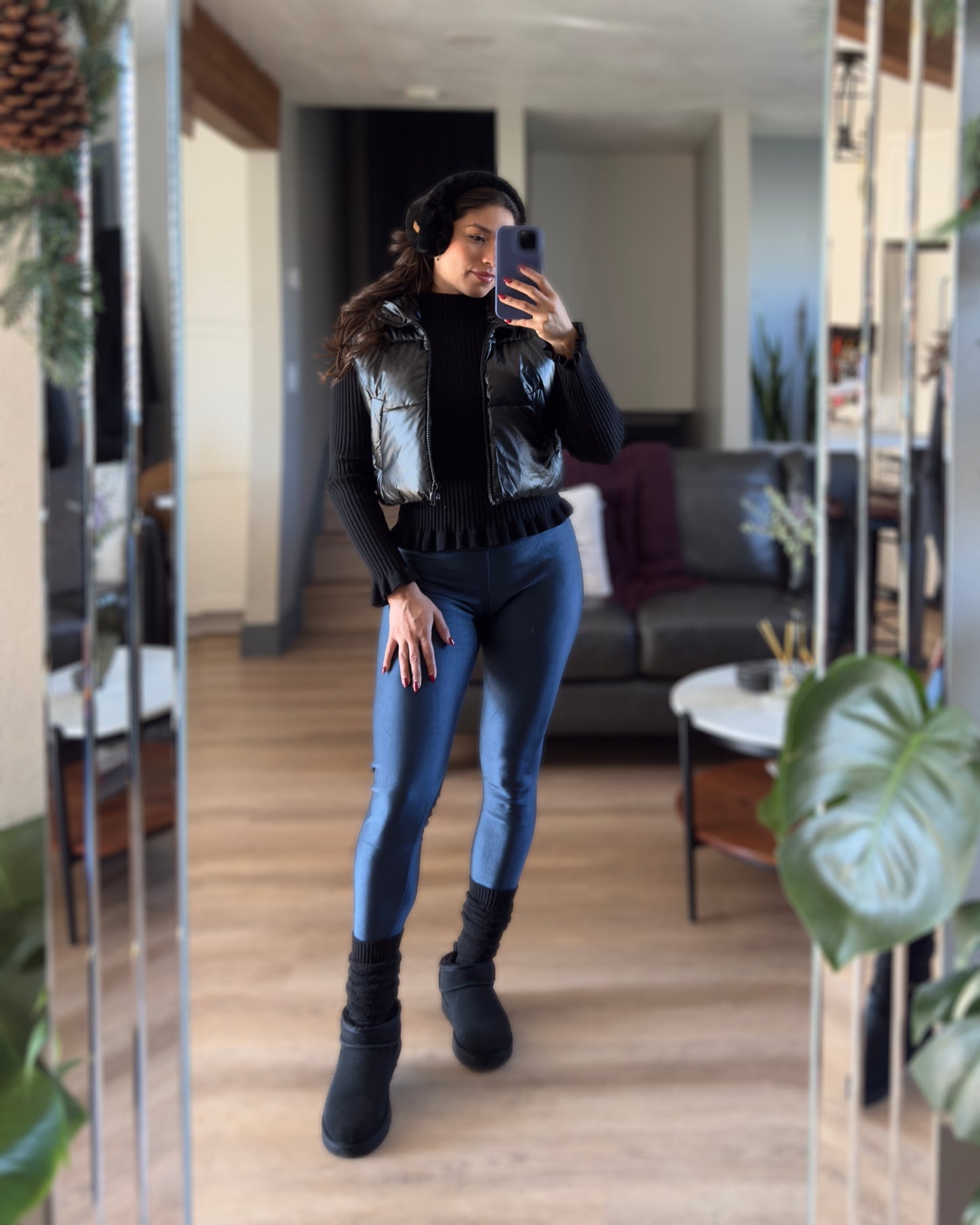 Shiny Fleece Leggings-Navy Blue