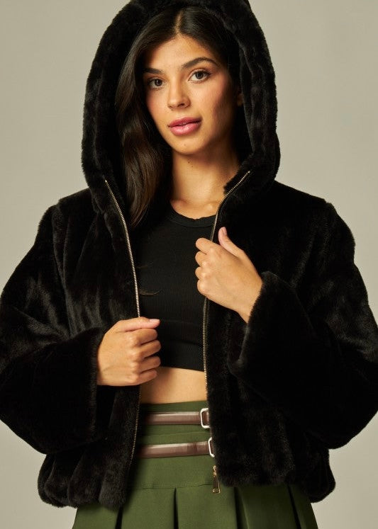 Emery Faux Fur Hooded Jacket- Black