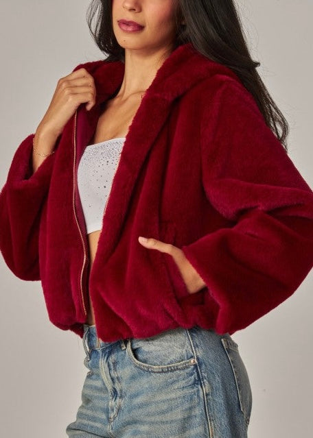Emery Faux Fur Hooded Jacket- Red