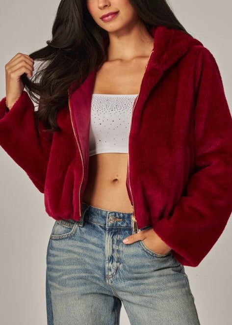 Emery Faux Fur Hooded Jacket- Red