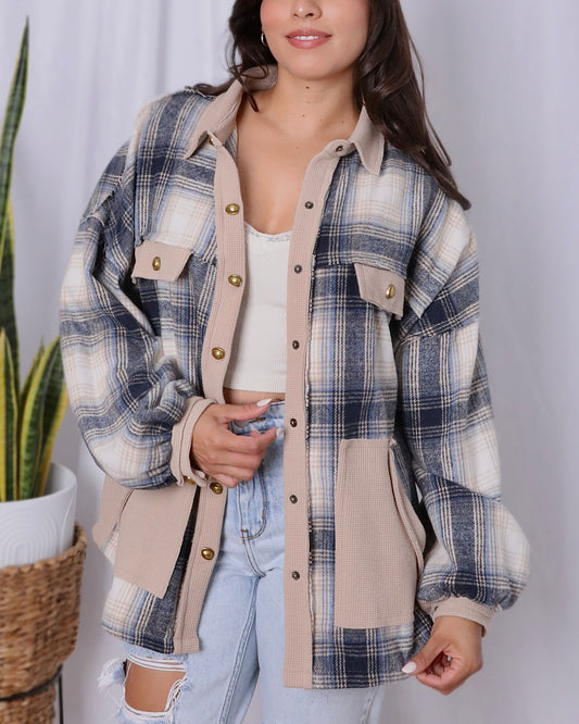 Amelia Plaid Shacket- Navy/Tan