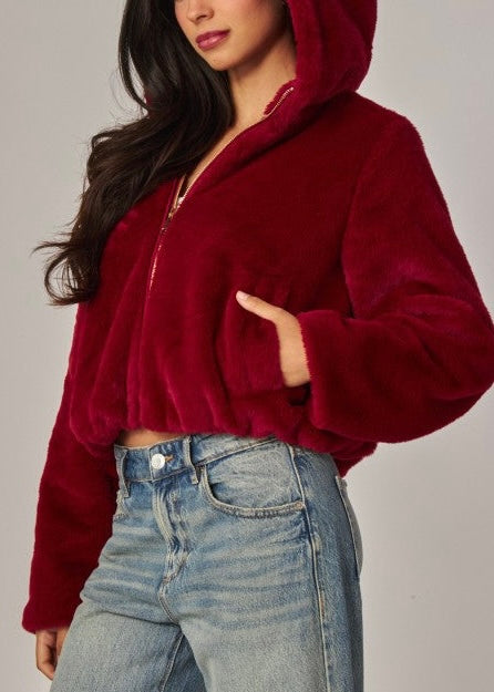 Emery Faux Fur Hooded Jacket- Red