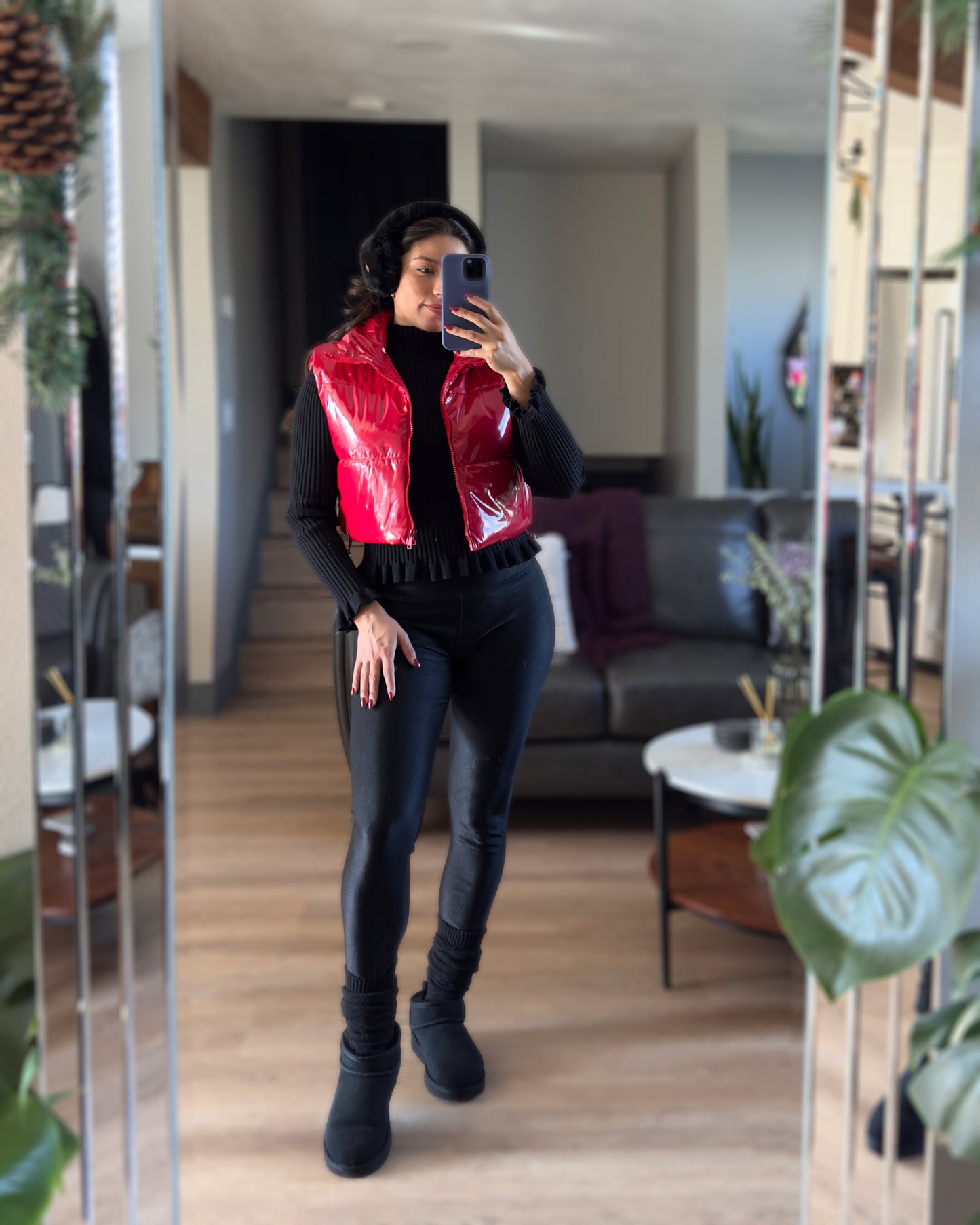 Shiny Fleece Leggings-Black