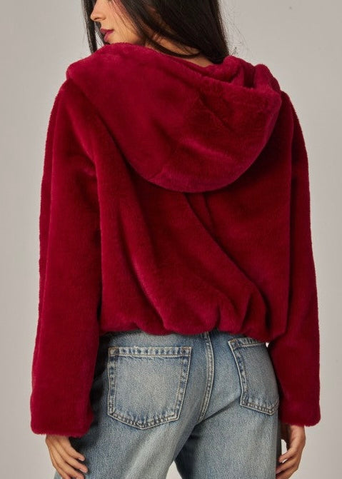 Emery Faux Fur Hooded Jacket- Red