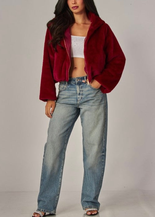Emery Faux Fur Hooded Jacket- Red