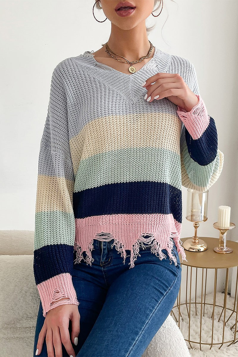 Pastel Colorblock Frayed Knit Sweater