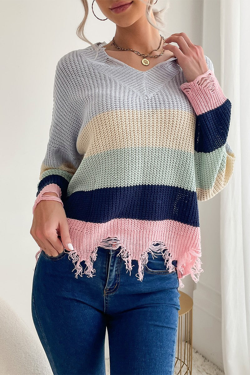 Pastel Colorblock Frayed Knit Sweater