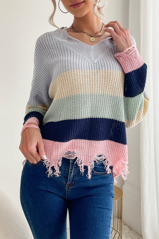 Pastel Colorblock Frayed Knit Sweater