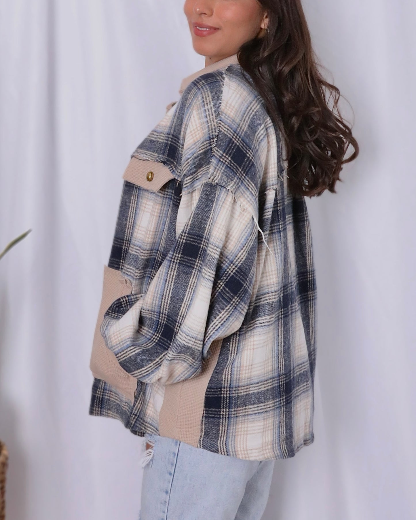 Amelia Plaid Shacket- Navy/Tan