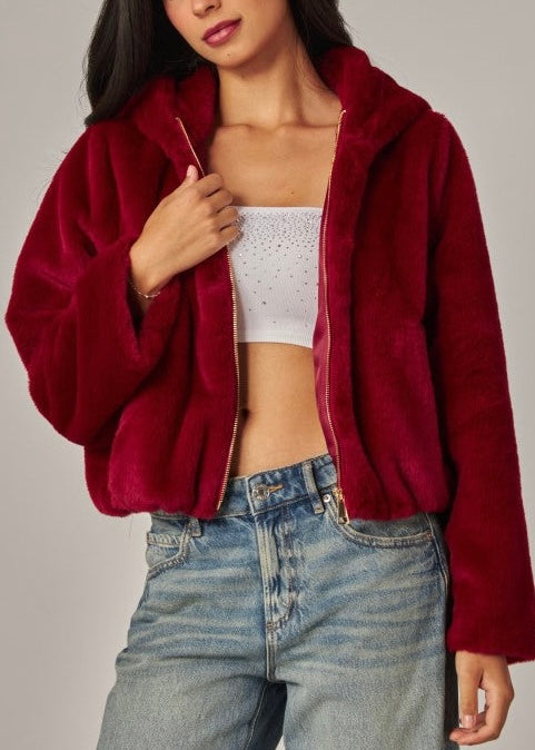 Emery Faux Fur Hooded Jacket- Red